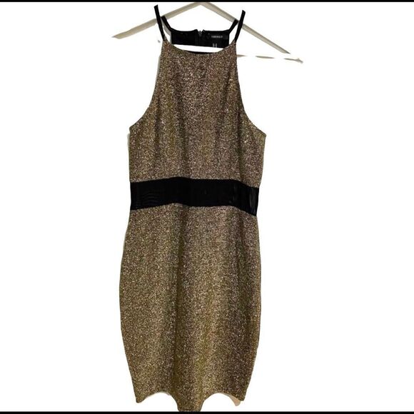 Forever 21 bodycon metallic gold formfitting dress medium Sheer mid panel - Picture 1 of 6